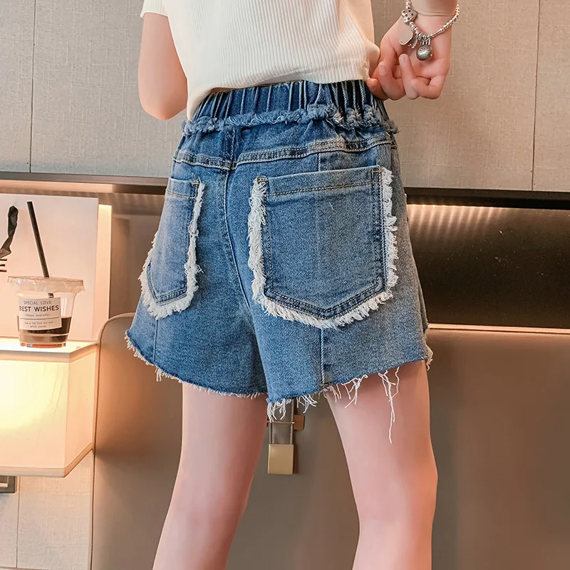 

New Kids Girl Blue Denim Shorts New Summer Teens Ripped Jean Shorts with Pockets for Girls Children's Clothing 2023 Hot Sale