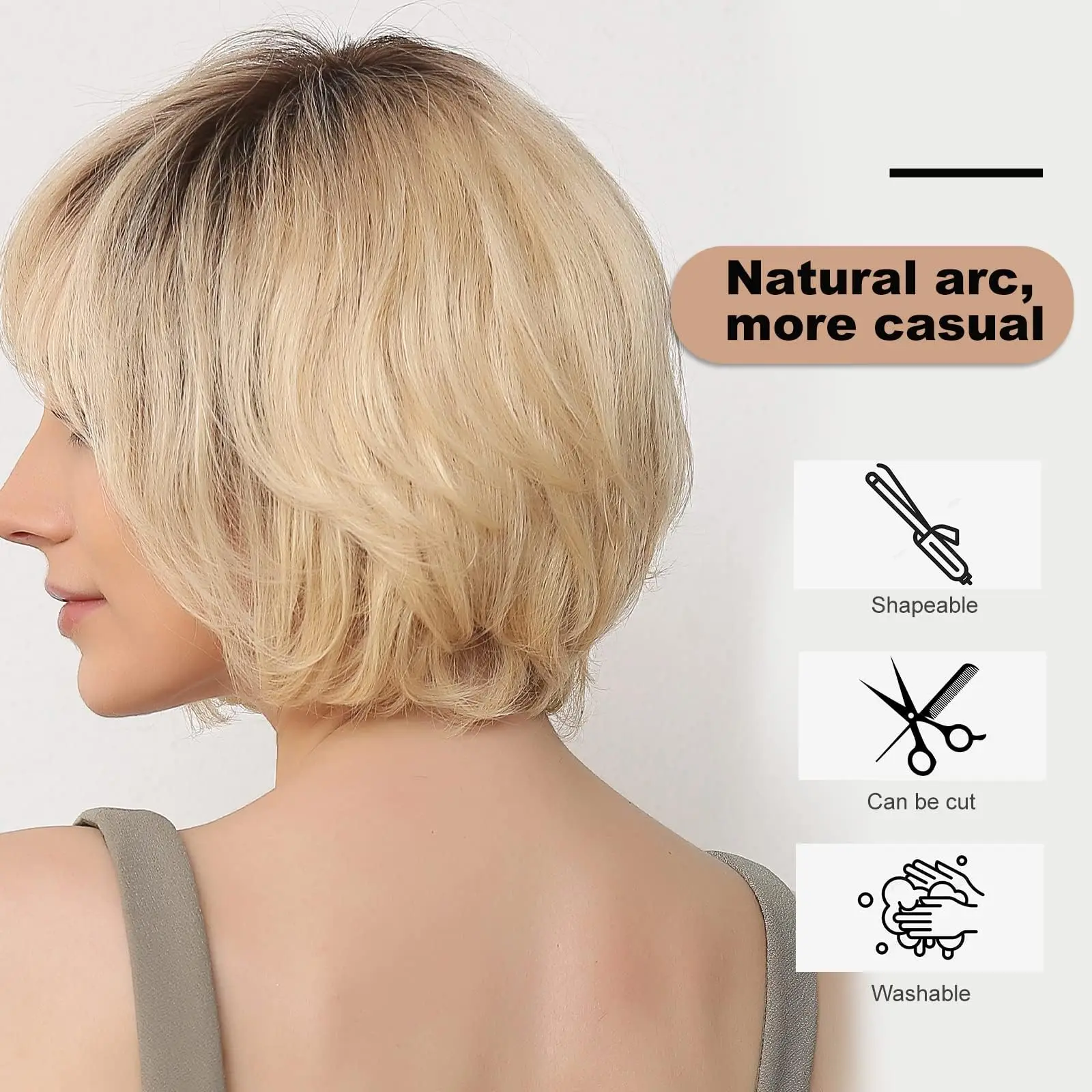 Human Hair Transparent Lace Front Wigs Light Golden Blonde Remy Human Hair Wig with Bangs Dark Root Short Wavy Bob Wig for Women Human Hair Wigs