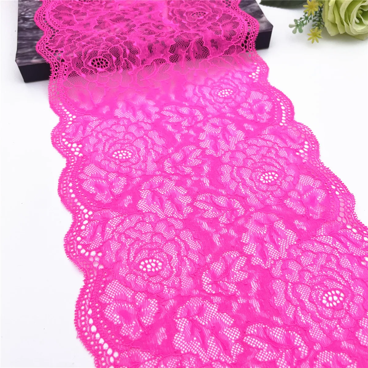3y/Lot Width 8 1/2 inch (22cm) Neon Pink Floral Stretch Elastic Lace Trim 1
