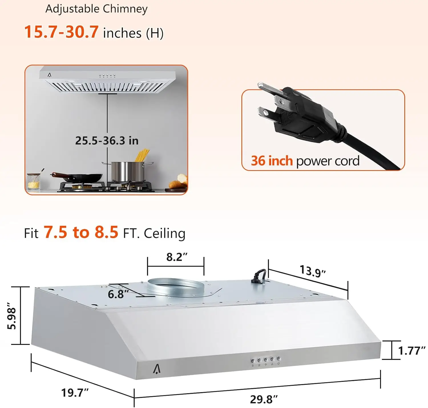 Range Hoods,30 inch Under Cabinet Range Hood with 3 Speed Exhaust Fan, Slim Kitchen Over Stove Vent,Reusable Filter, LED Lights