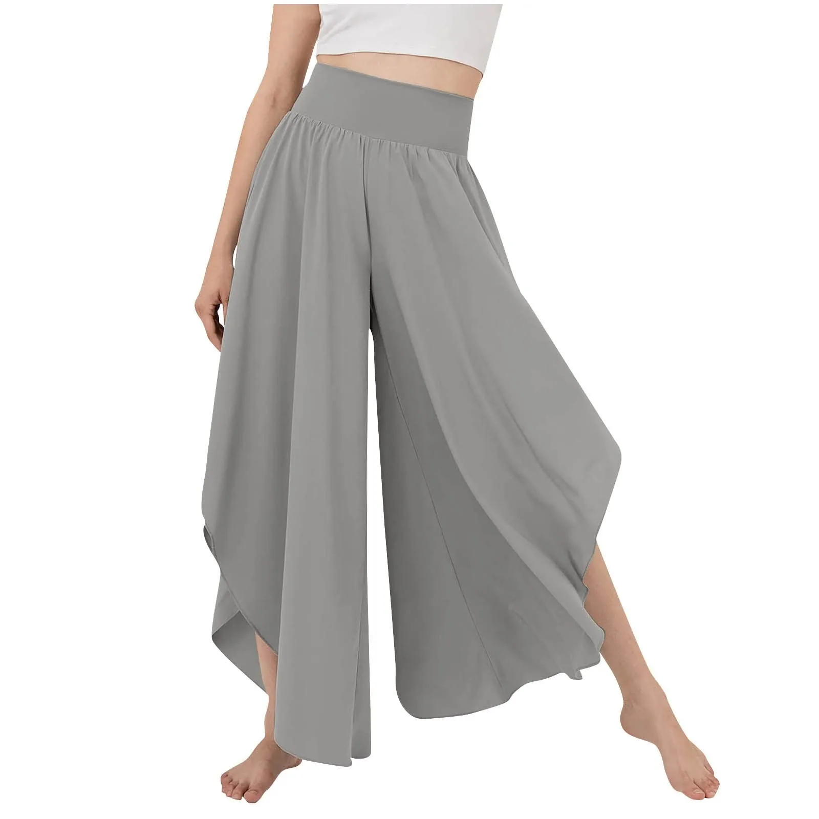 Women's Flowy Large Size Palazzo Pants Irregular Hem High Waist Casual Cropped Pants Summer Lightweight Elastic Beach Pants