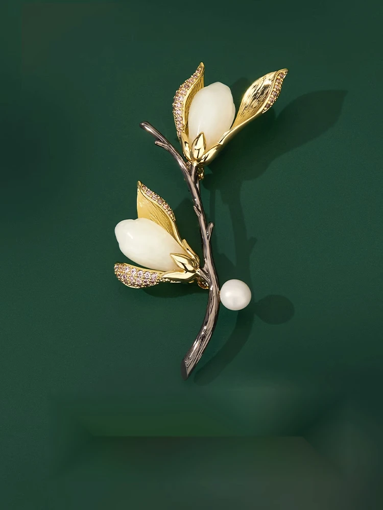 JAY Magnolia brooch high-end female luxury temperament pin natural Hotan Jade high-end brooch gift_voghion.com