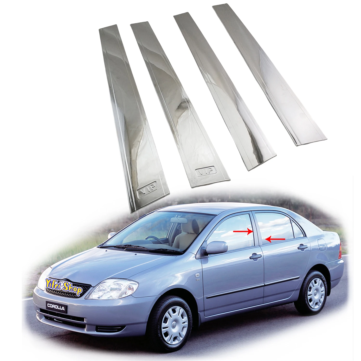 

4pc New Car ABS Chrome Accessories Plated 2001 2002 2003 2004 2005 2007 For Toyota Corolla Door Pillar Cover Trim Paste Style