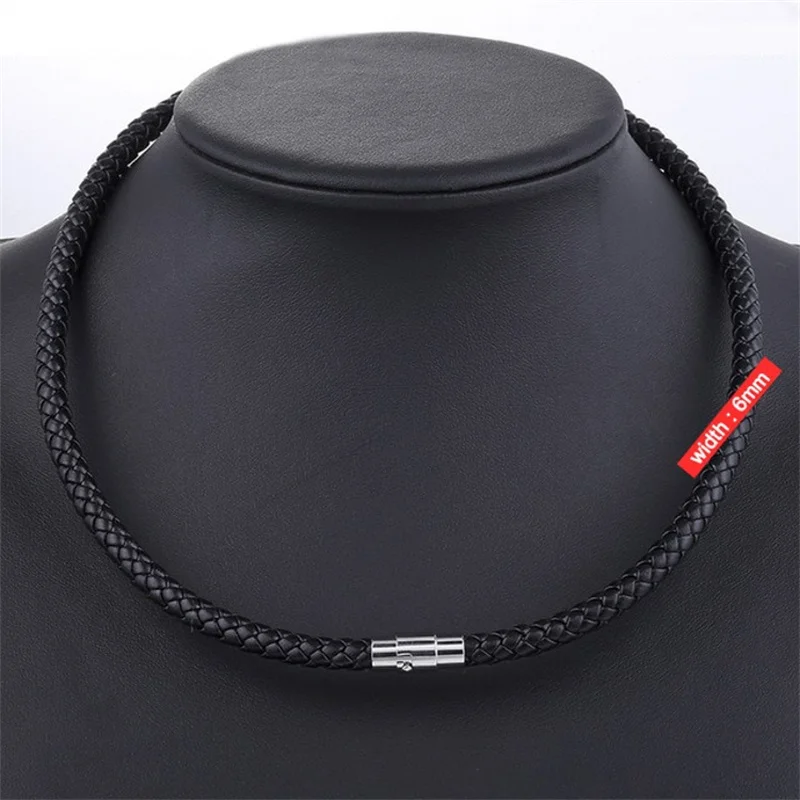Punk Men's Leather Braided Rope Chain Necklace Stainless Steel Magnetic Clasp