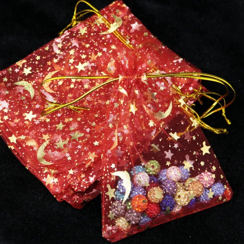 Y1UB 100Pcs 블루 Organza 쥬얼리 선물 가방 9x7cm Drawstring 메쉬 문 스타 가방 결혼식 파티 호의 사탕 가방