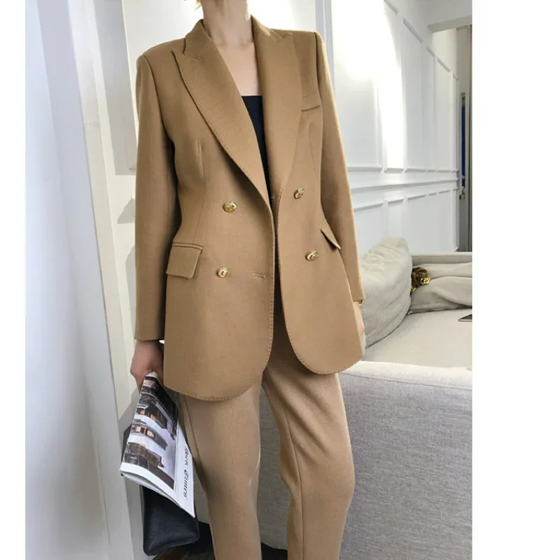 Women Worsted Wool Blazers Spring Notched Australian Slim Fit Suits Jackets Office Button Clothing Pocket Slit Coats Coffee Tops