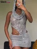 Weird Puss Sequins Women 2piece Set Sexy See Through Irregular Backless Hooded Tank Tops+Peach Hip Skirts Midnight Clubwear Suit 4