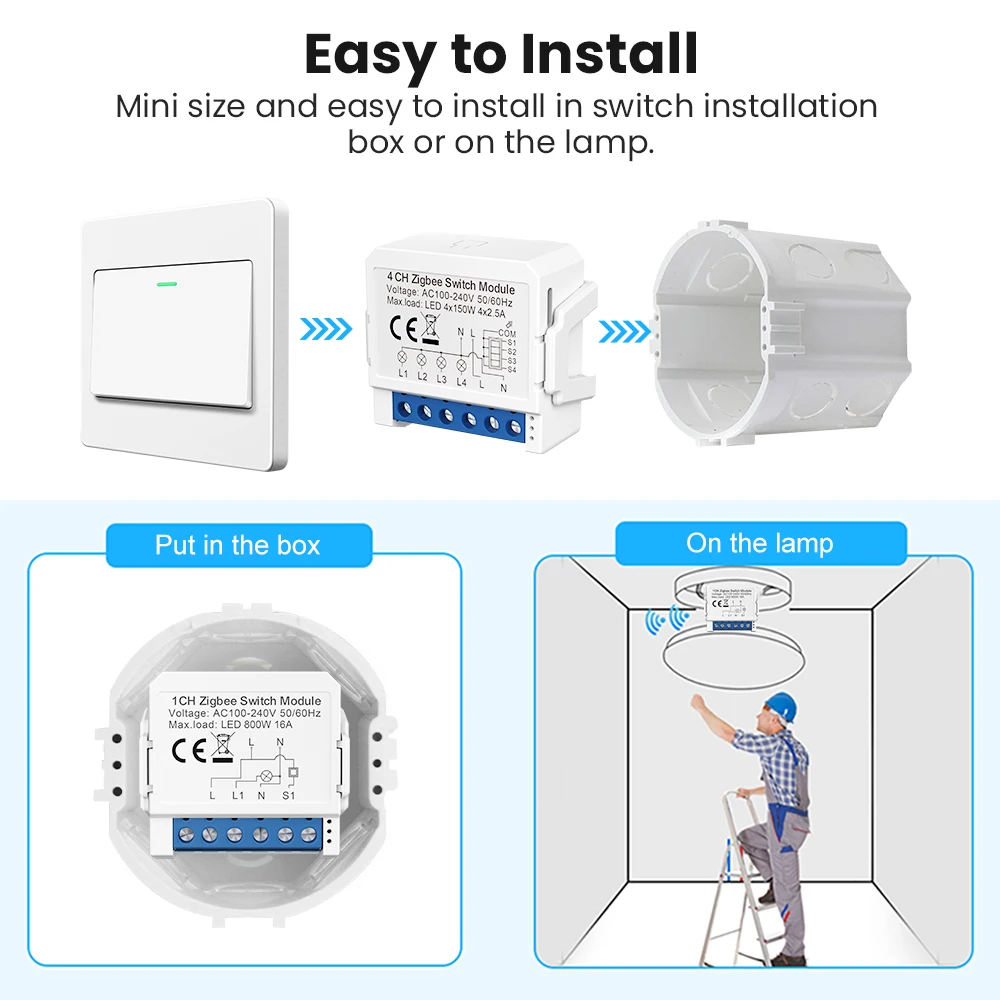 AVATTO Tuya WiFi/Zigbee 스마트 라이트 스위치 모듈, 중립선/중립선 없음 Alexa, Google 홈용 1/2/3/4 웨이 DIY 차단기