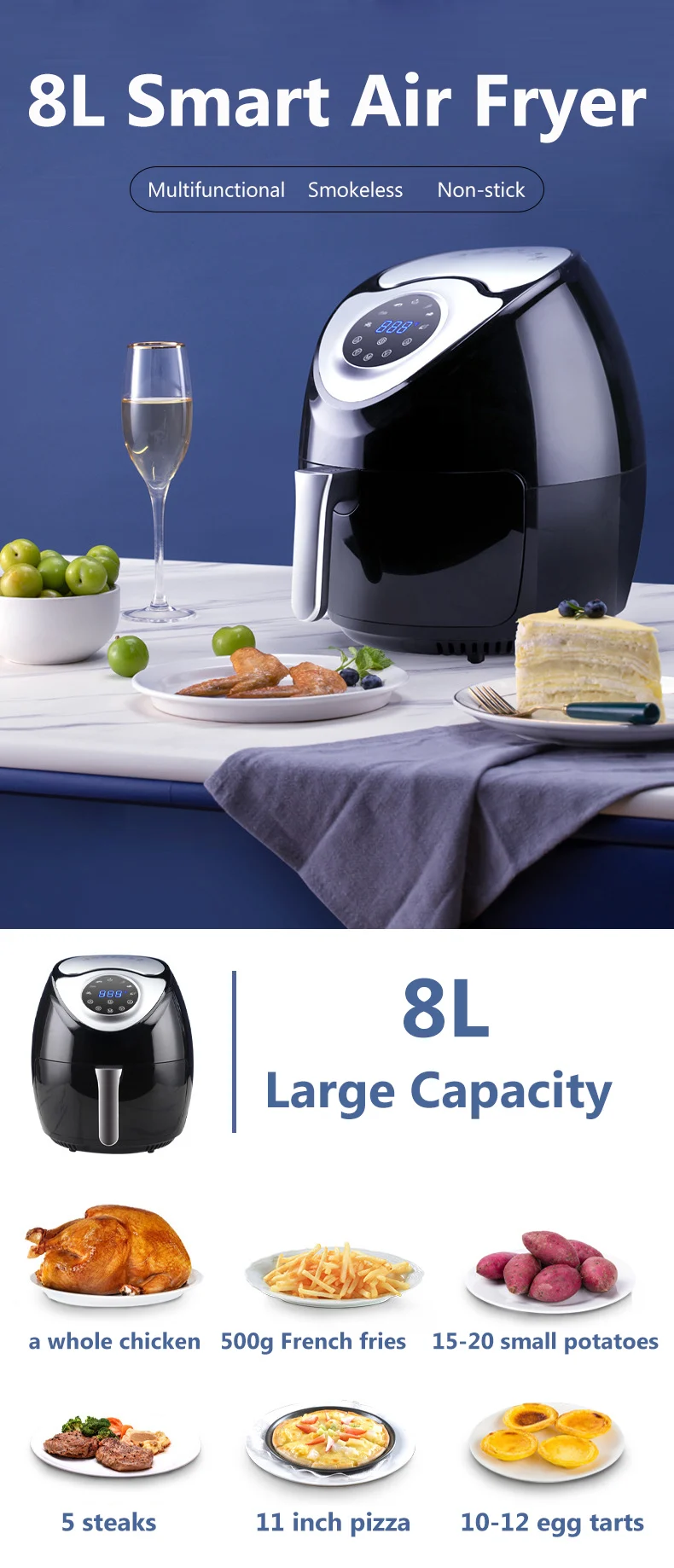 110V 220V 8L Electric Oil Free Deep Fryer Intelligent Touchscreen Multifunctional Home Cooking Tools Automatic Frying Machine