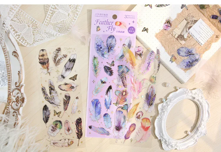 3pcs Kawaii Sticker Pack Feather Dragonfly Bird Jellyfish Decorative Scrapbooking Material Labels for Diary Phone Journal Planne