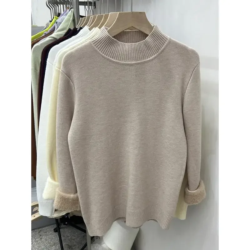 Elegant New Warm Women's Integrated Fleece Sweater Autumn and Winter Solid Color Knitwear Casual Bottoming Shirt