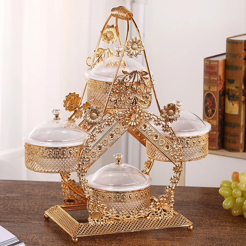 

Gold-plated Dried Fruit Box Trapezoidal Four Boxes of Fruit Snack Storage Jar Home Metal Handicraft Decor Exquisite Fruit Basket