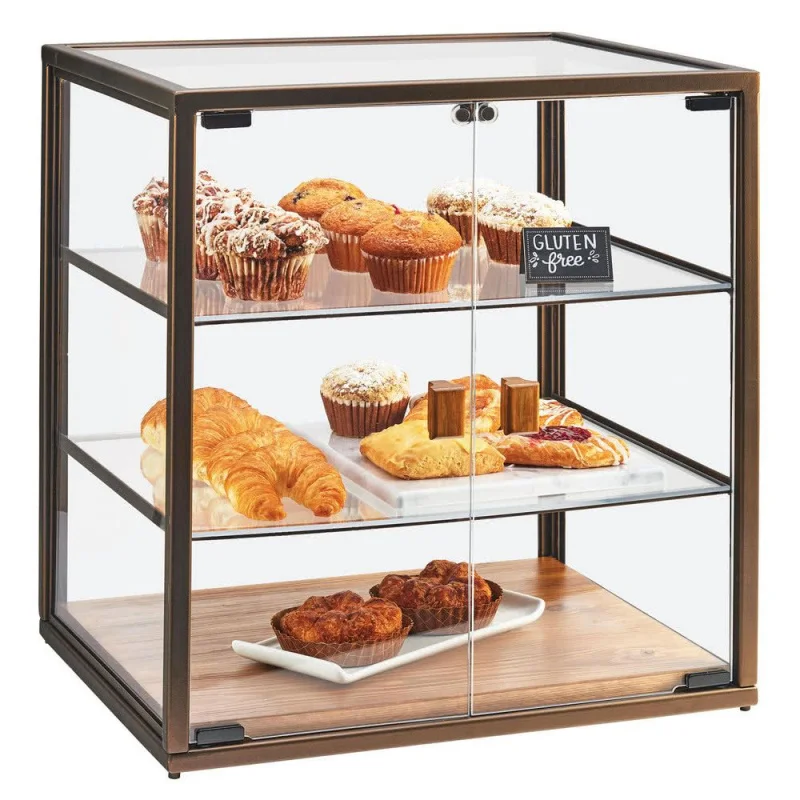 Custom. Glass Cake Display Rack Cake Bakery Display Wooden Base Acrylic Bakery Display Cabinet