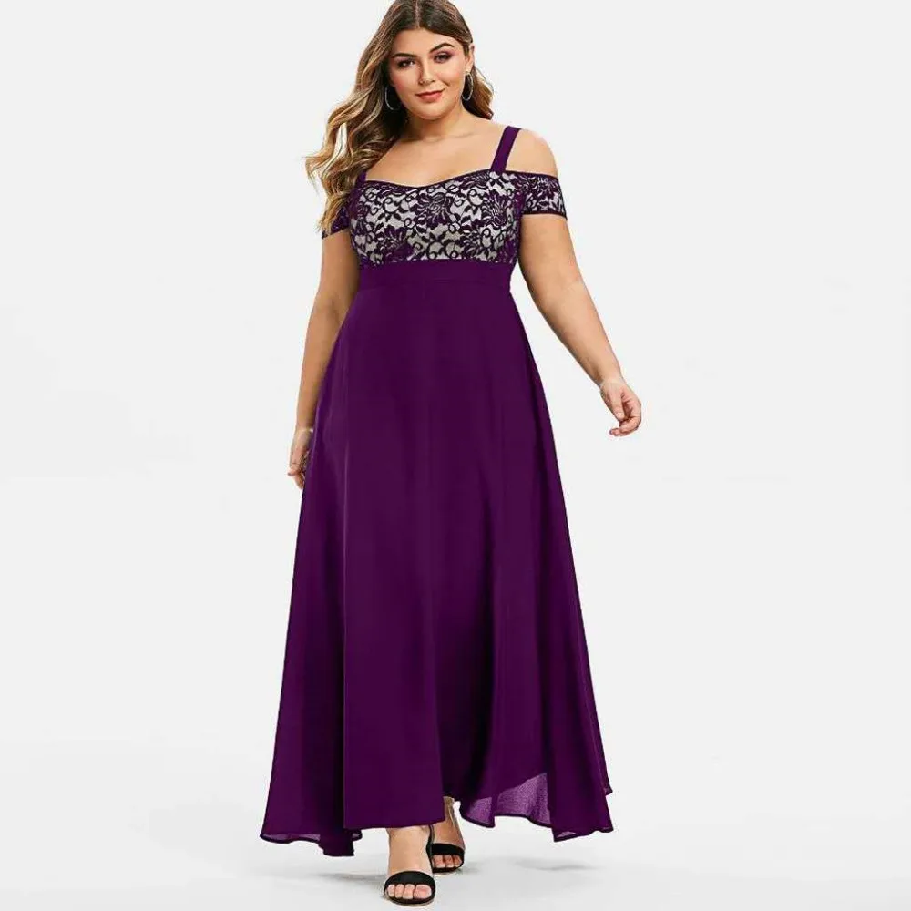 Plus Size Dress Summer Autumn New Style Chiffon Lace Embroidered Suspender Straps High Waist A Line Maxi Sexy Party Dresses