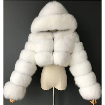High Quality Furry Cropped Faux Fur Coats and Jackets Women Fluffy Top Coat With Hooded Winter Fur Jacket