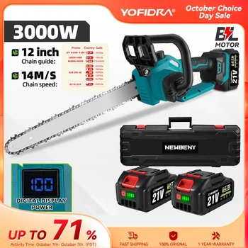 NEWBENY 12 Inch Brushless Electric Chainsaw LED Display Cordless Wood Cutting Garden Logging Saw For Makita 18V Battery Pin