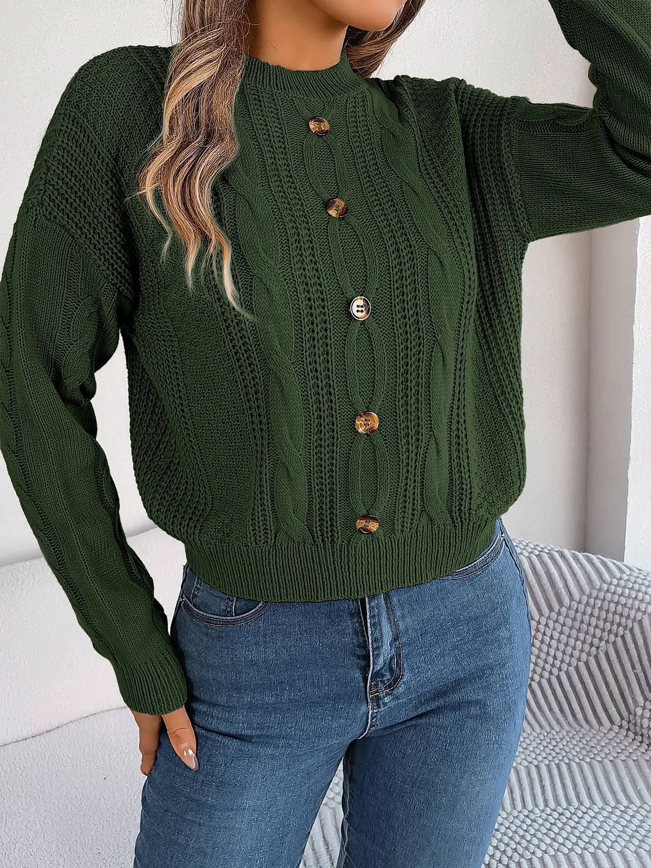 Women Solid Color Knitted Sweater Long Sleeve Pullover