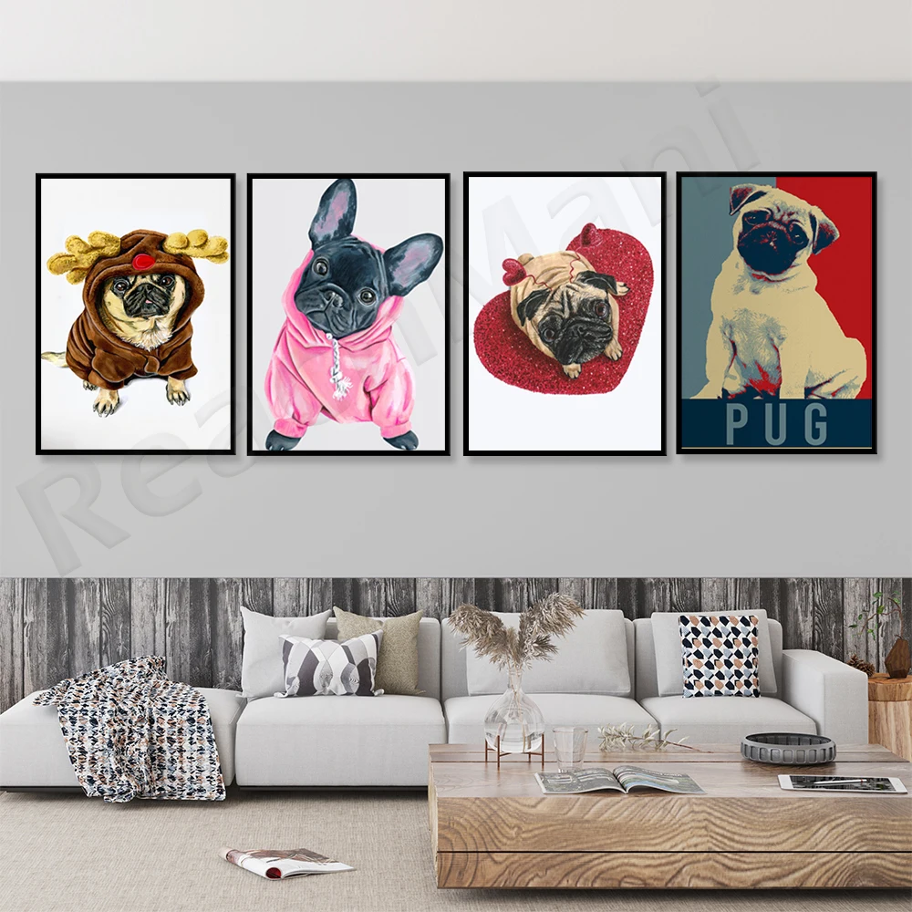 

Pug breed native to China art poster, cute pug and heart print office poster wall decoration picture, gift for dog lovers