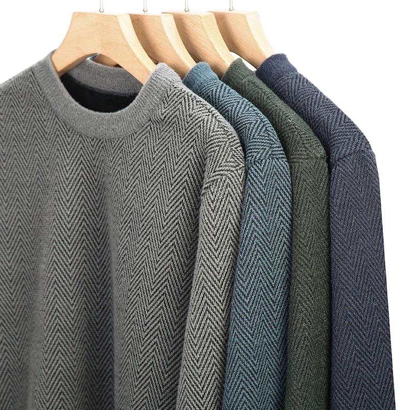 Thickening Winter Men's Round Neck Thickened Sweater Knitted Pullover Solid Color Long Sleeved Casual Daily Warm Coat 5