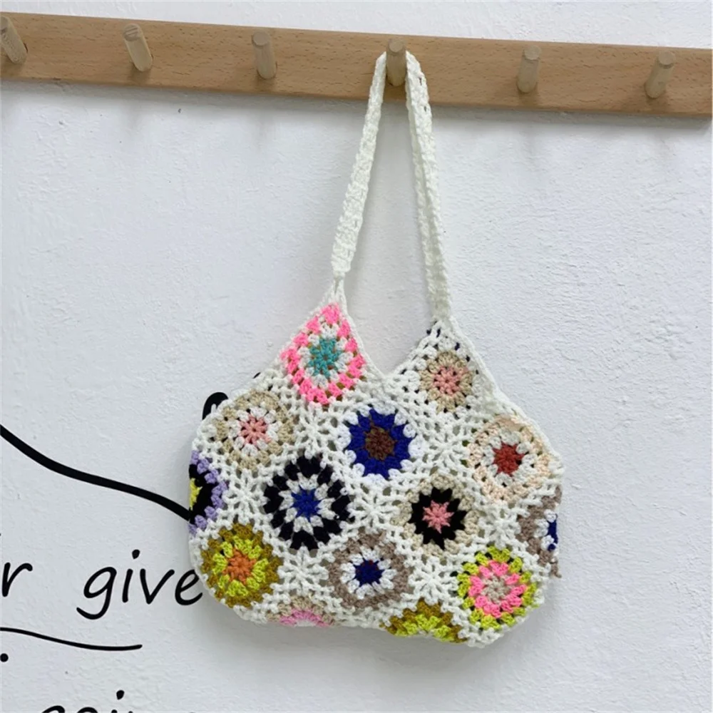 Bolsos de ganchillo de playa de verano para mujer, bolsos de mano tejidos florales ahuecados, bolsos de compras bohemios de gran capacidad