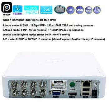 Hybrid NVR DVR CCTV 8-Channel 5MP 12.5Fps 1080P 720P TVI CVI CVBS 5M-N P2P Intelligent Support for IP Onvif Camera HiEasy 1