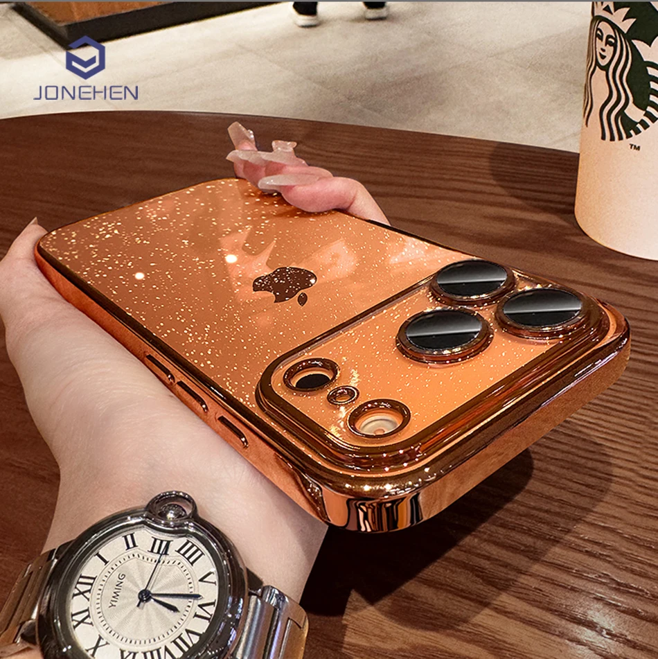 Luxury Transparent Glitter Clear Slim Case with Orange Pating Bumper and Lens Glass Hard Cover