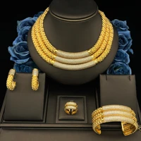 JRH High-End 4-Piece Set Gold Plated Brass Inlaid Zircon Bracelet Ring Necklace Earrings  Lady's Perfect Party Jewelry Set