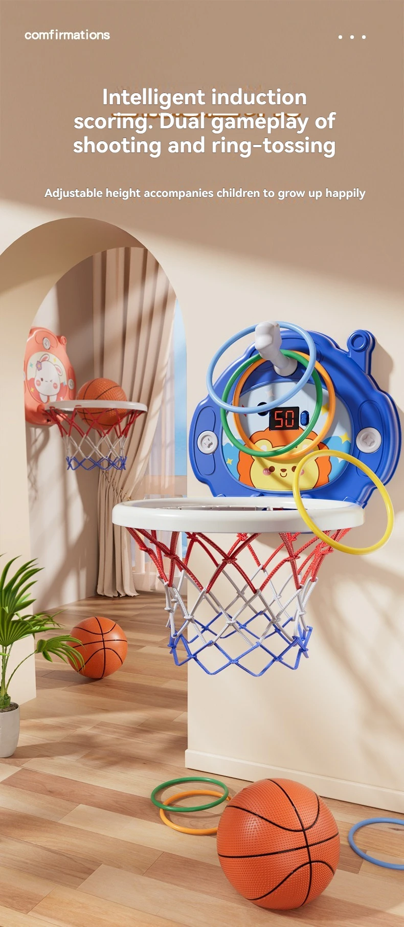 Indoor basketball hoop hanging on a door for toddlers