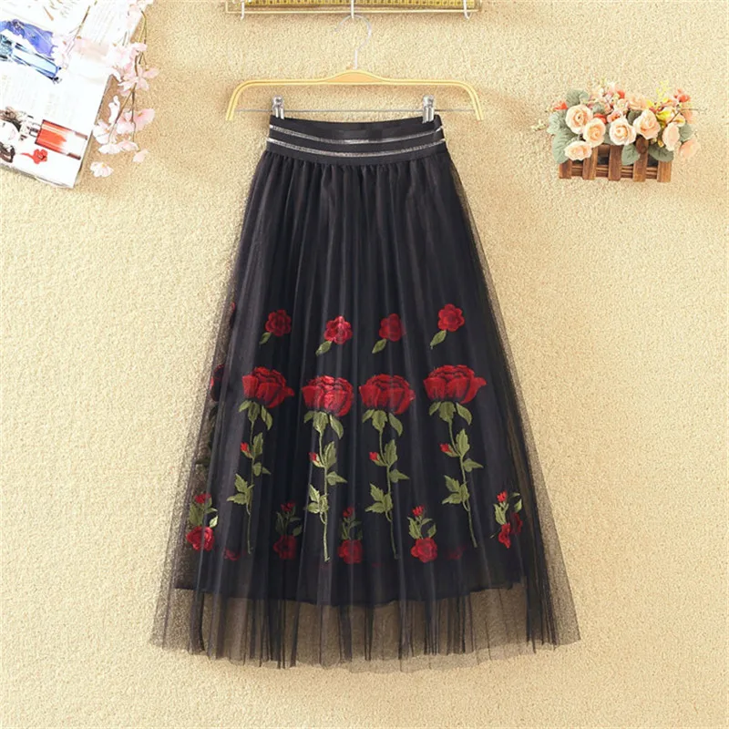 

Sanishroly 2024 New Summer Women Rose Floral Embroidery Mesh Skirt Ladies Elastic High Waist Mid-Long A-Line Pleated Skirts S093
