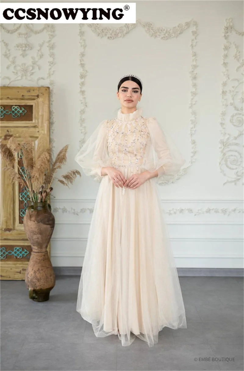 

Tulle Appliques Hijab Muslim Evening Dresses Long Sleeve High Neck Islamic Formal Party Gown Arabic Dubai Women Robe De Soiree