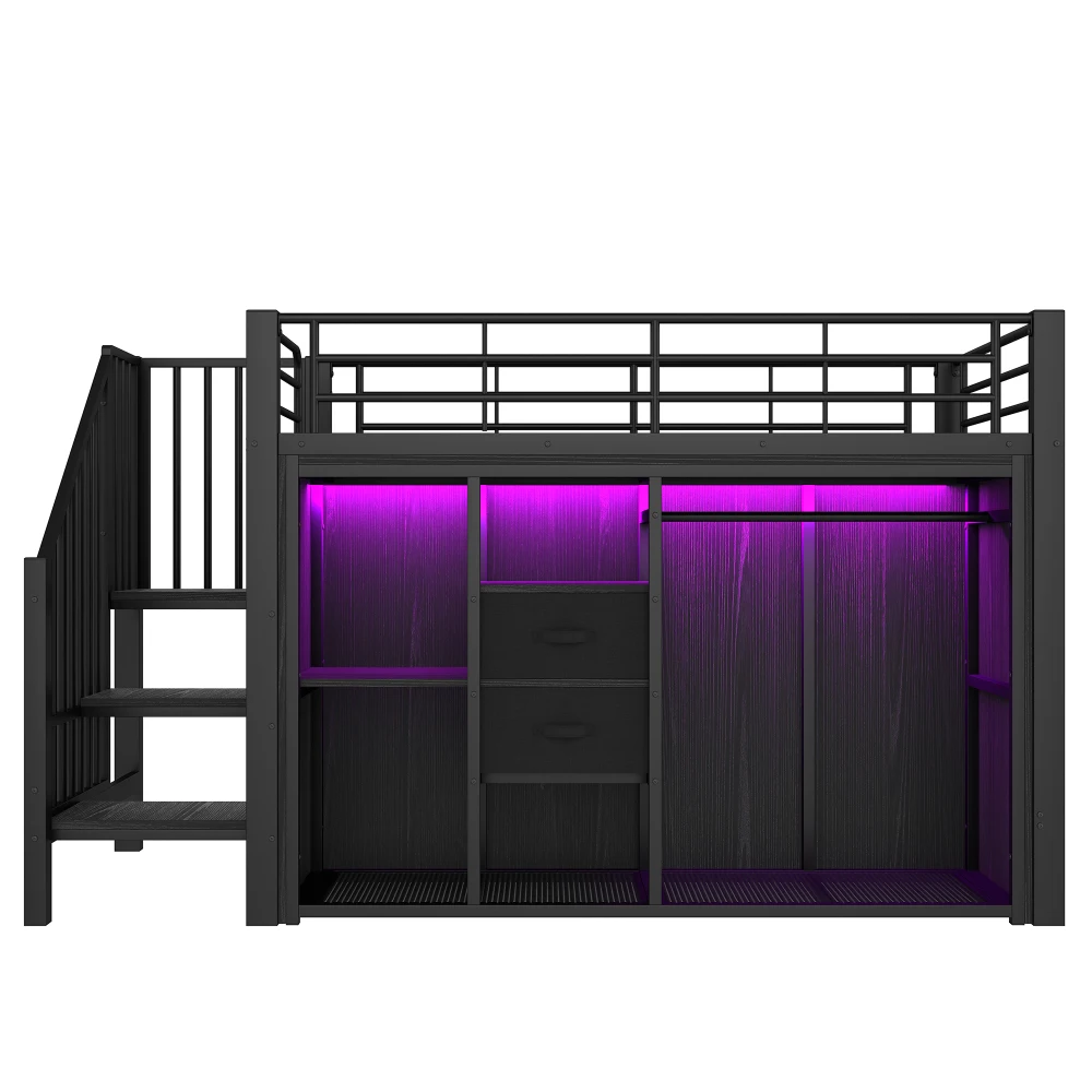 90 * 200 cm großes Etagenbett, mit 2 Schubladen und offenem Kleiderschrank, mehrfarbige LED-Beleuchtung, mehrere Ablagefächer (ohne Matratze) – Detail 10