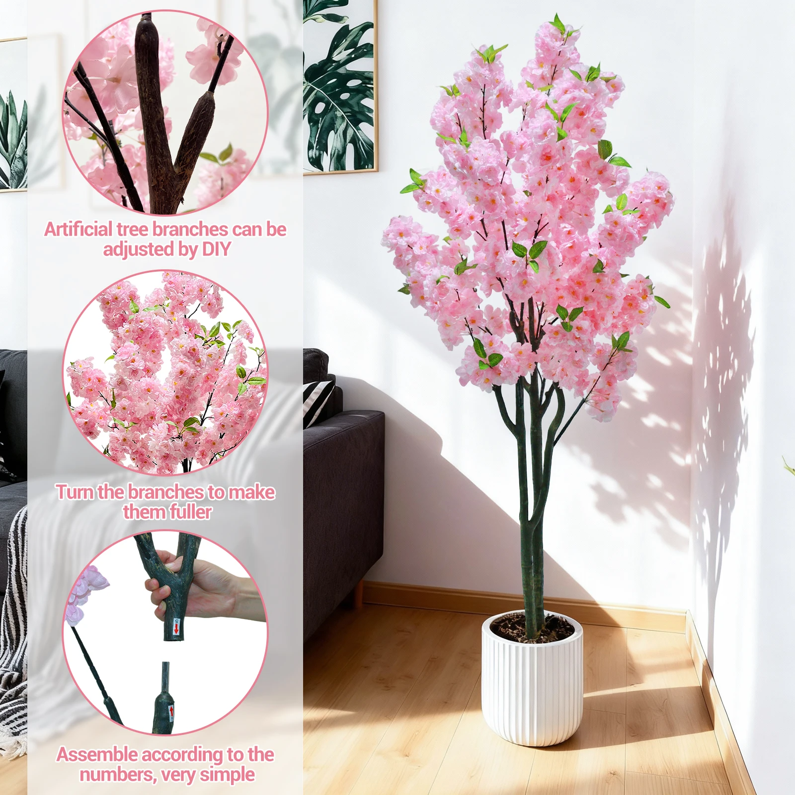Künstlicher Kirschblütenbaum mit rosa Blumen, 150 cm, realistischer künstlicher Kirschblütenbaum aus Topfseide für Heimdekoration – Detail 14