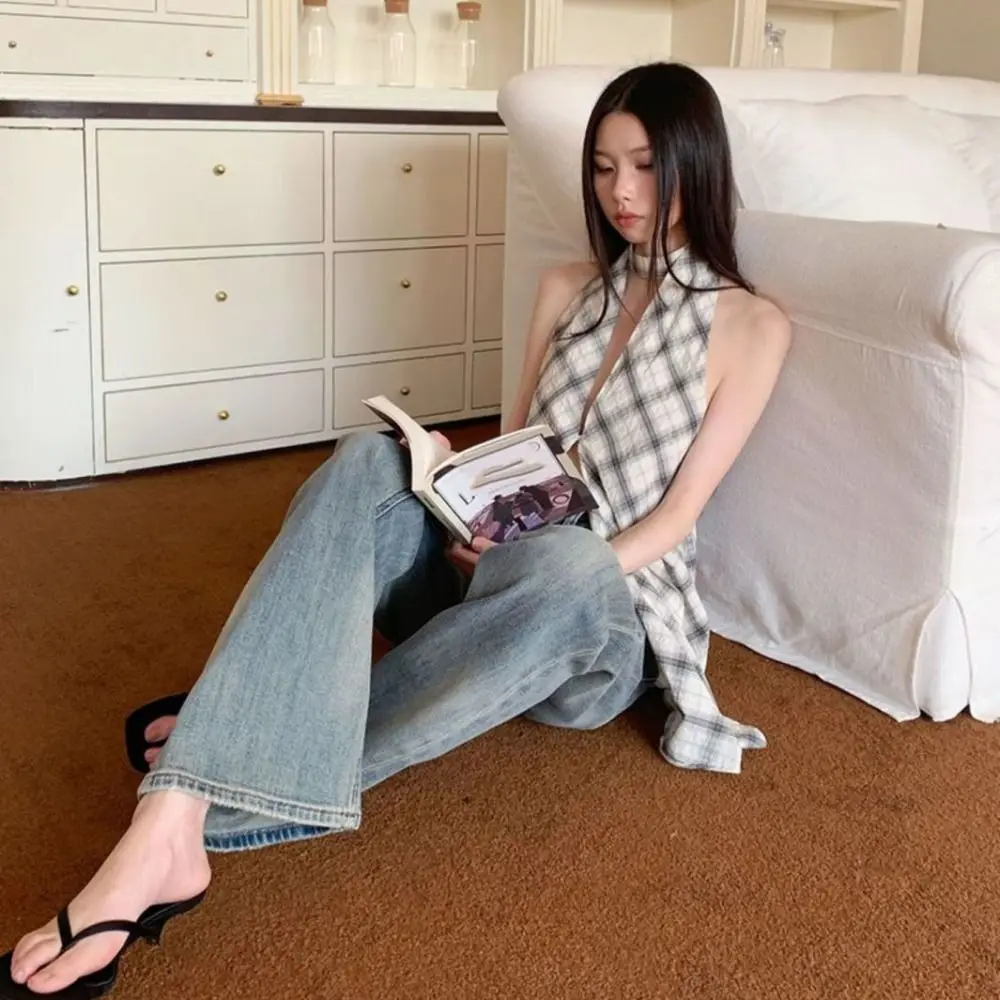 Korean Style Grid Halter Sleeveless Camisole Irregular Split Slim Crop Tops Sweet Summer Suspender Vest Women Girl