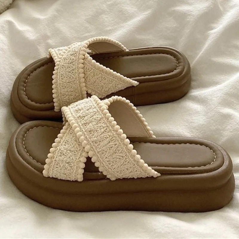 Women's Korean Style Crisscross Fabric Strap Platform Slippers, Pom Pom Trim Chunky Sole Outdoor Summer Slide Sandals 4