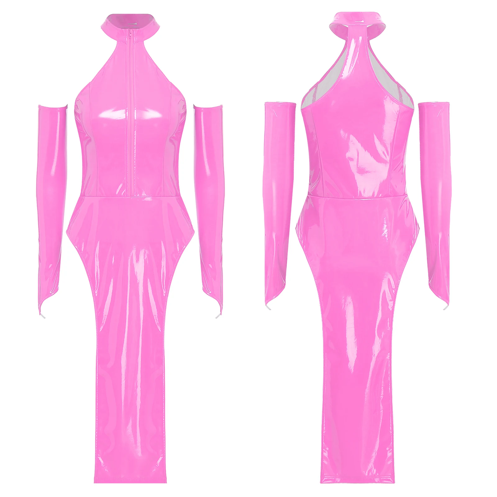 Women Wetlook Patent Leather Bodycon Dress and Sleeves Sexy Halter Sleeveless High Slit Latex Dress Tempting Clubwear Rave Party