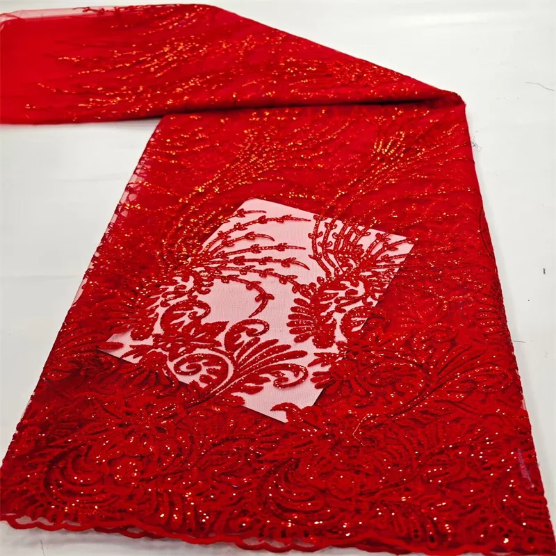 

African Lace Fabric 2024 Red High Quality Sequins Lace French Nigerian Net Lace Tulle Mesh Fabrics 2.5 Yards For Wedding Sewing