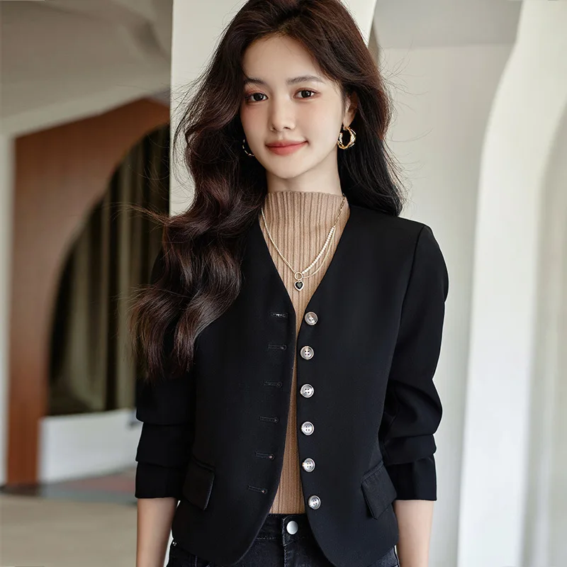 High quality blazer for women short jacket single breasted new spring 2024 elegant fashion clothes - black beige