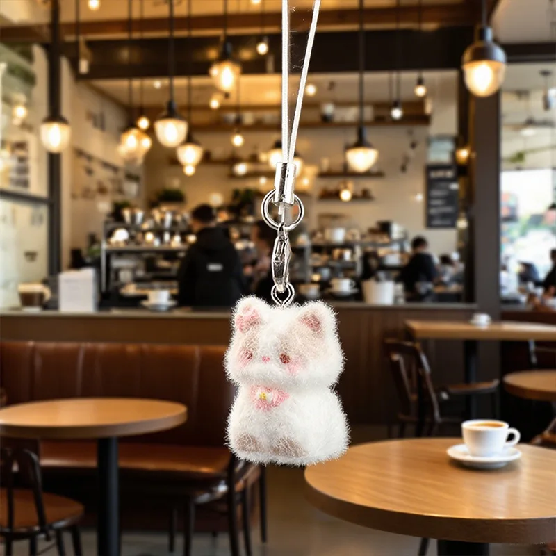 Cute Plush Flocked 3D Resin Cat Keychain Bag Accessory Phone Strap Gift