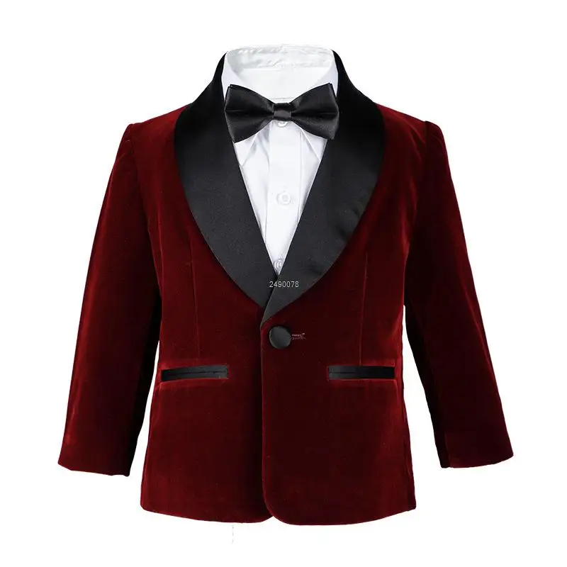 Boys Suit Set Kids 1 Year Birthday Dress Baby Boys Purple Velvet Blazer Jacket Pants Photograph Suit Children Wedding Performance Evening Wear