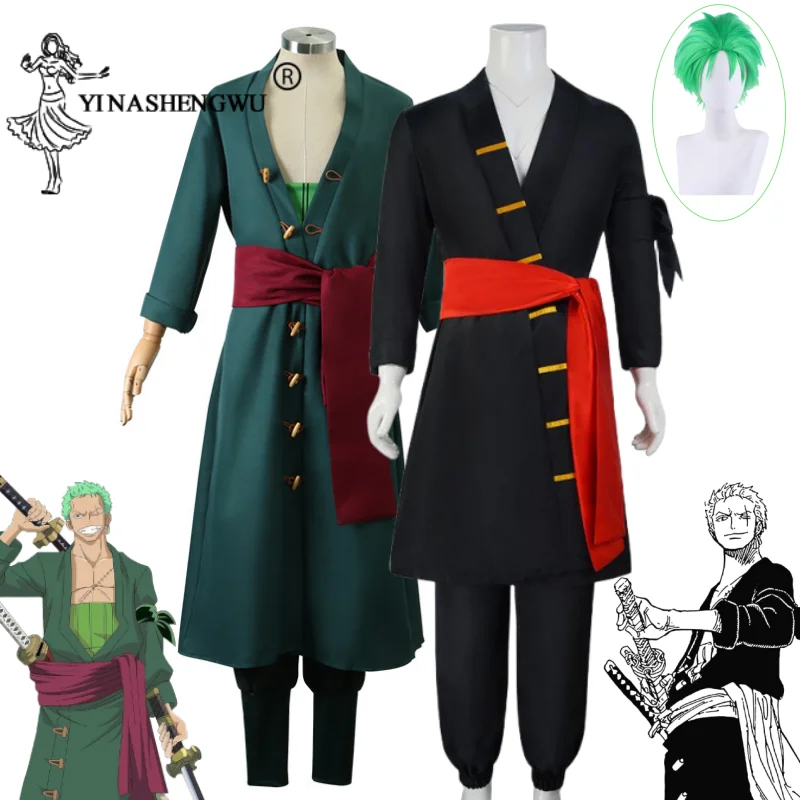 Roronoa Zoro Costume One Piece Cosplay Anime Warrior Coat Uomo Kimono Parrucca Uniforme Cintura Pantaloni Roronoa Zoro Outfit Costume Di Halloween
