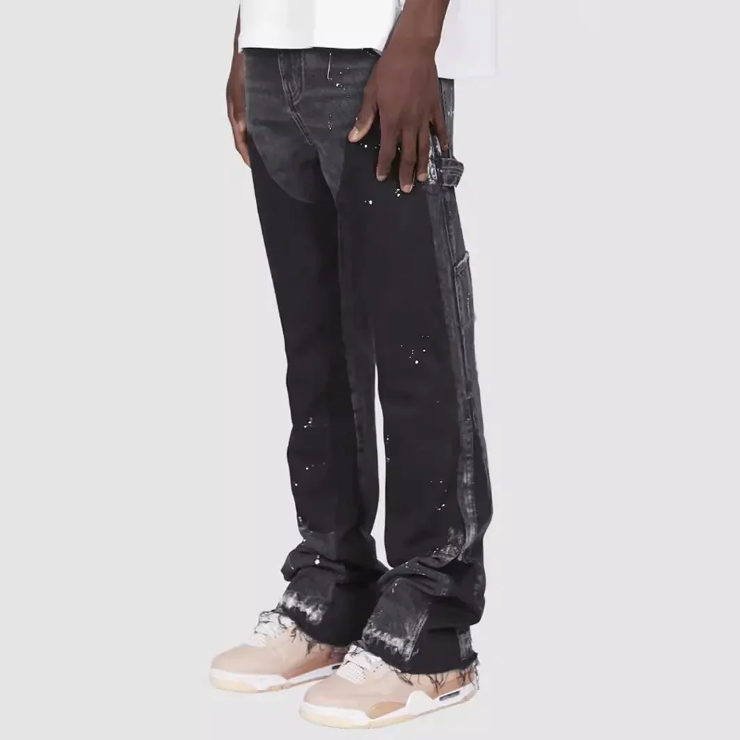 2025 Men's Fashion Jeans Work Pants, European and American Fashion Workwear Elastic Patchwork Denim Layered Flared Pants S-XXL 4