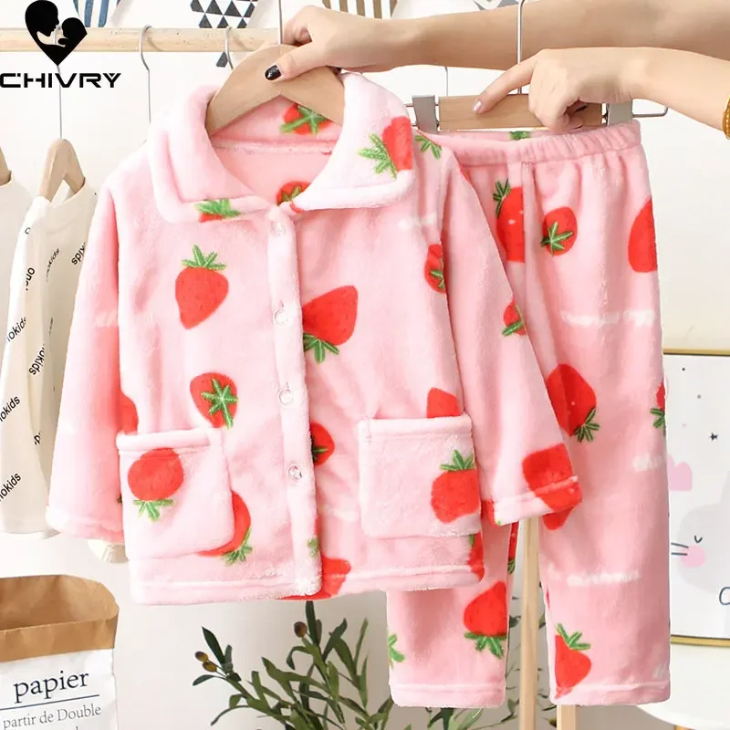 New Kids Boys Girls Autumn Winter Flannel Pajama Sets Cute Cartoon Long Sleeve Lapel Tops with Pants Baby Sleepwear Clothing