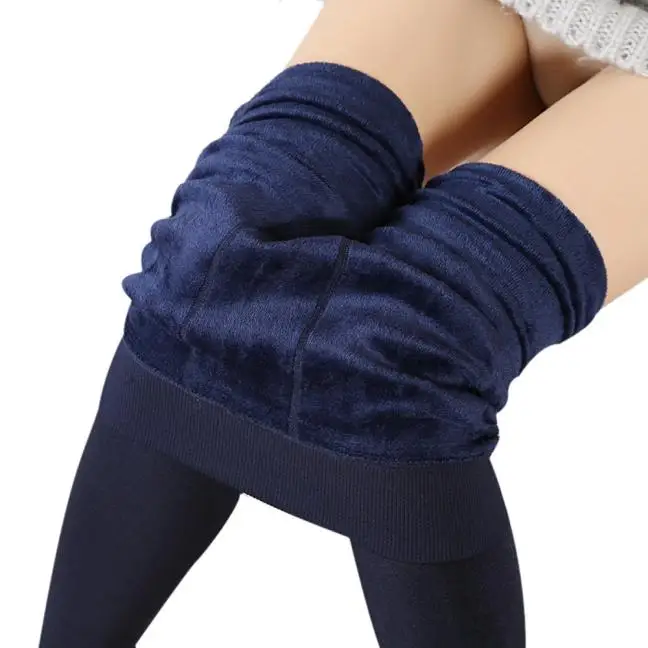 

Woman Winter Thermal Plush Pants Soft Stretchy Leggings Hight Waist Fleece Lined Tights Solid Color Warm Leggings Navy Blue