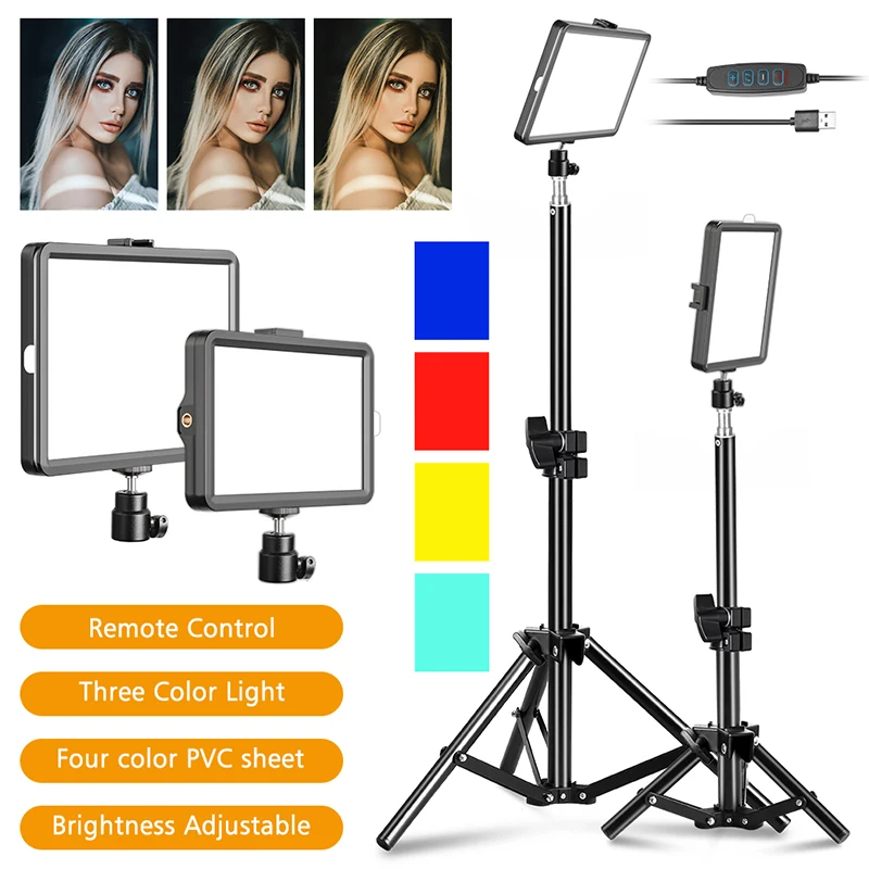 Photography LED Selfie Video Light With Tripod Stand Dimmable Panel Lighting Photo Studio Live Stream Fill Lamp Three Color