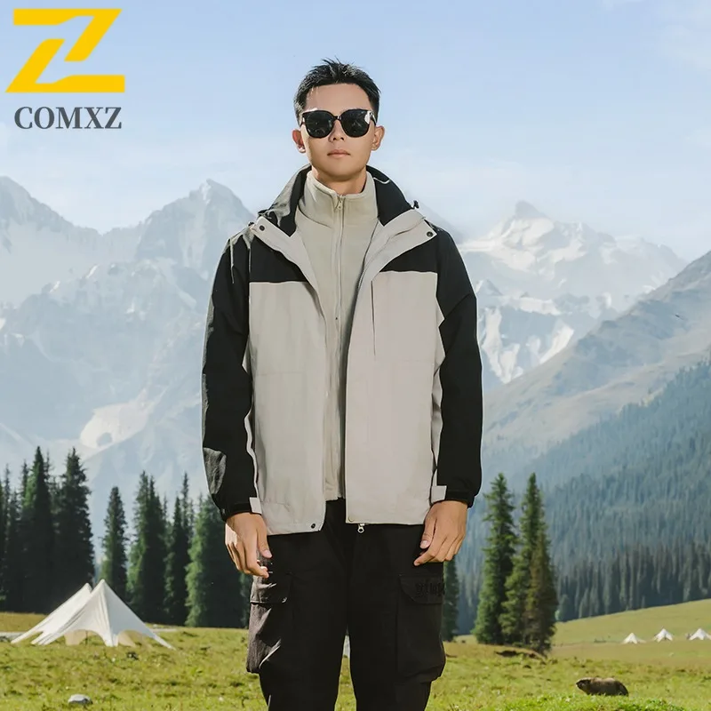 COMXZ Windbreaker Jacket 3-In-1 Detachable Windproof Hiking Camping Fleece Coat Climbing Waterproof Breathable Men's Outerwear