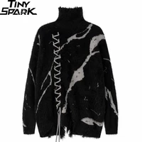 2024 Men Turtleneck Sweater Streetwear Distressed Knitted Sweater Ripped Hole Hip Hop Retro Pullover Harajuku Sweater Soft Black 1