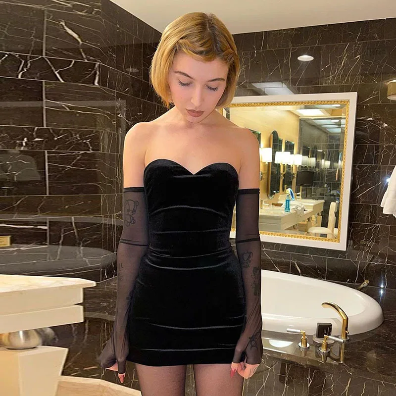 

Fashion Sexy Party Beach Birthday Black Strapless Dress Women New Simple Slim Removable Mesh sleeves Female Dress