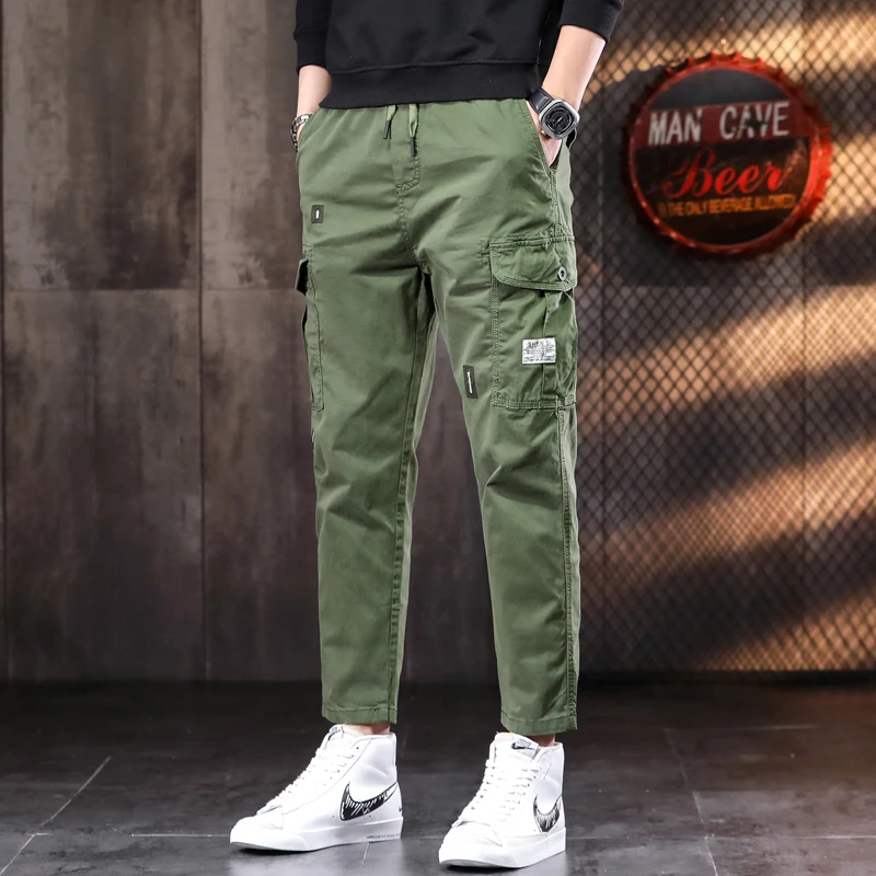 Men's Orange Tactical Cargo Pants Casual Cotton Elastic Waist Drawstring Trousers