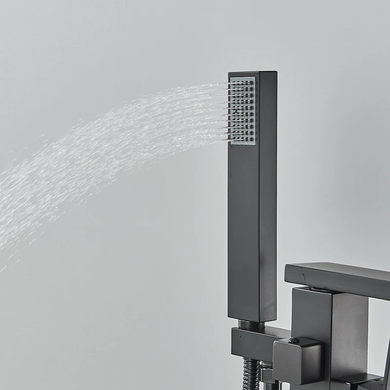 Matte Black Square Bathtub Shower Faucets Floor Standing Faucet Hot Cold Water Shower Mixer Tap Bathroom Waterfall Mixer 4