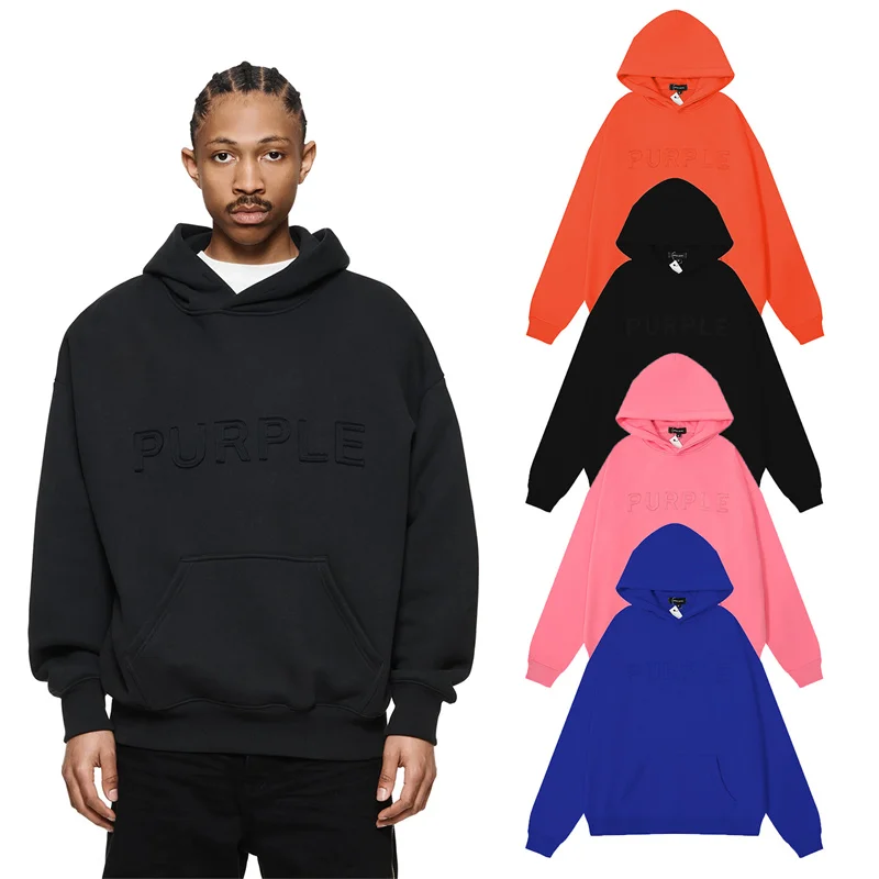 

Purple Classic Letter Same Color Embroidered High Street Pure Cotton Couple Hoodie For Men And Women